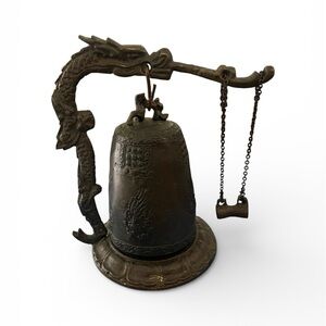 Vintage Korean Bronze Metal Bell on Dragon Stand 6” tall